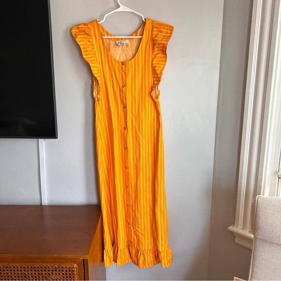 Vintage Marimekko Striped Midi Dress Flutter Sleeves Cotton Orange